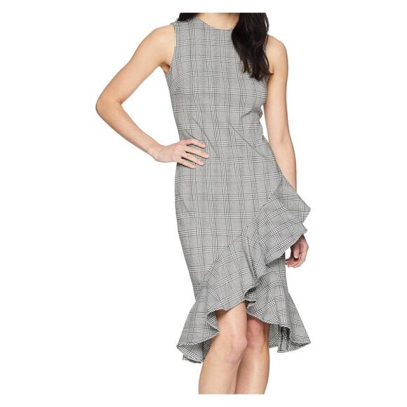 Calvin Klein Black White Plaid Ruffle Hem Sleeveless Party Sheath Dress 2 NWT - Picture 1 of 13